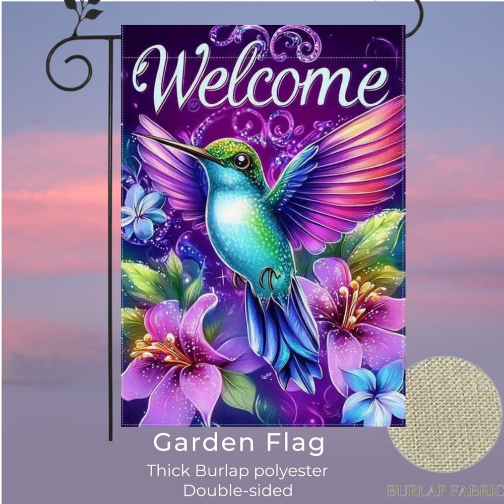 Garden Flag, Welcome Hummingbird, Burlap Polyester Doublesided